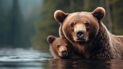 Obraz premium A mother bear and cub foraging in a thawing forest, representing species adaptation to climate shifts