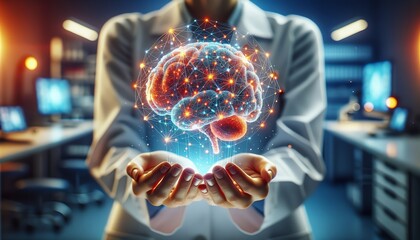 Doctor presents a digital model of the brain, highlighting medical technology and human health care.