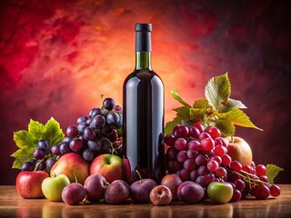 Obraz premium Panoramic Dark Wine Bottle with Vibrant Fruit on Pink Background - Stock Photo