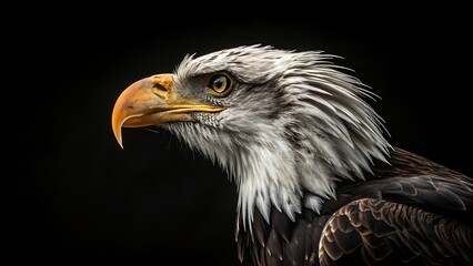 Obraz premium Majestic Bald Eagle Portrait, Sharp Details, Piercing Eyes, and Dramatic Lighting.