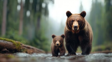 Obraz premium A mother bear and cub foraging in a thawing forest, representing species adaptation to climate shifts