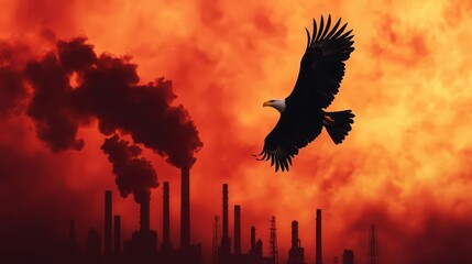 An eagle soaring above an industrialized valley, representing resilience amid adversity