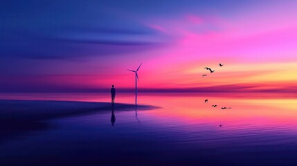 Obraz premium A wind farm on a coastal plain with seabirds circling, representing harmonious coexistence between energy and wildlife