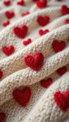 Close-up of a knitted fabric with red heart patterns on a soft cream background.