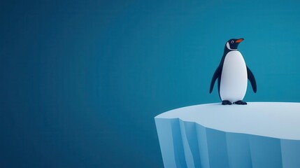 Fototapeta premium Melting ice caps in the background with a single penguin perched, symbolizing the vulnerability of species to global warming