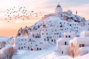Fototapeta premium A serene view of Uchisar Castle towering over the Pigeon Valley in Cappadocia, with flocks of pigeons flying through the golden evening light