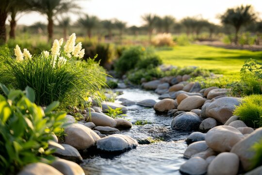 A serene view of the Al Ain Oasis, showcasing ancient falaj irrigation channels and lush greenery