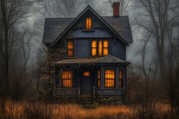 Haunted house in foggy forest; spooky, eerie scene; possible use for Halloween, horror, or mystery themes