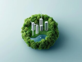 A futuristic city powered by wind and solar energy, surrounded by thriving green landscapes and wildlife, symbolizing hope