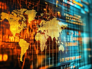 Obraz premium A Dynamic world map with data visualization elements, showcasing global trends