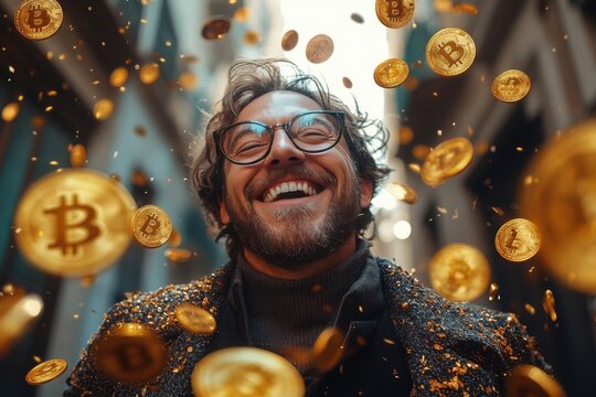 Smiling Businessman Surrounded by Floating Golden Bitcoin Coins, Celebrating Cryptocurrency Success and Wealth in an Urban Background - Perfect for Financial, Investment, and Blockchain Themes