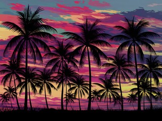 Silhouette of Palm Trees Against a Vibrant Sunset Sky.