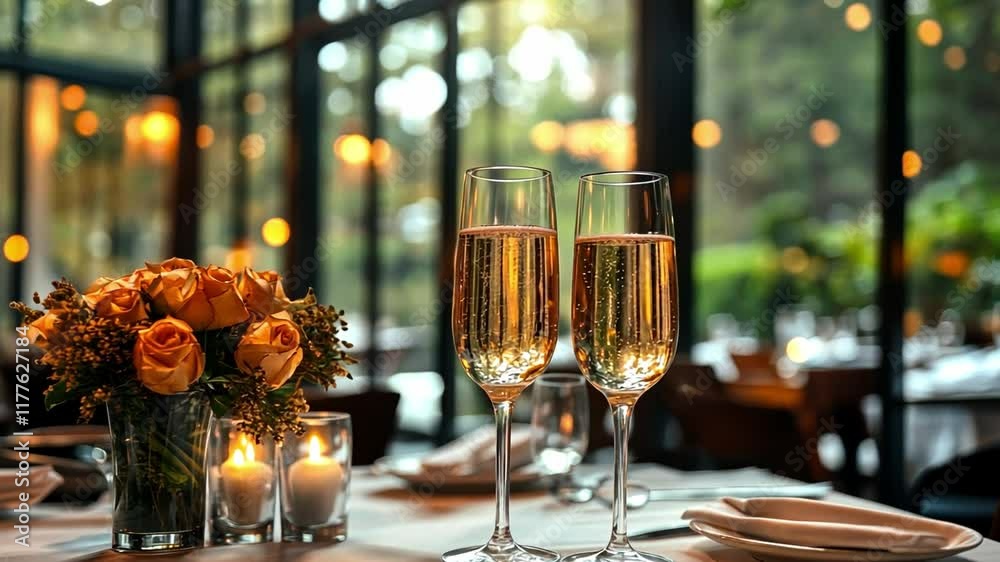 Poster Two flutes filled with sparkling drinks sit on a neatly set table adorned with fresh roses and candles. The warm atmosphere exudes holiday cheer, perfect for celebration with loved ones.