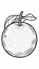 A simple line art drawing of an orange with leaves and stem. Ideal for coloring books or educational materials about fruits.
