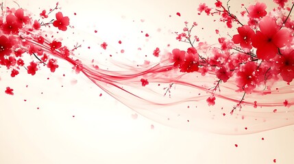 Fototapeta premium Red Cherry Blossoms Flowing With Delicate Fabric