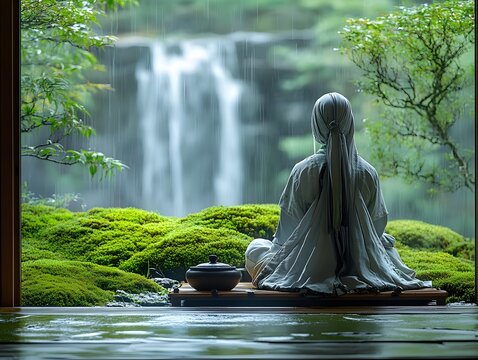Serene Moment in a Tranquil Japanese Garden During a Traditional Tea Ceremony