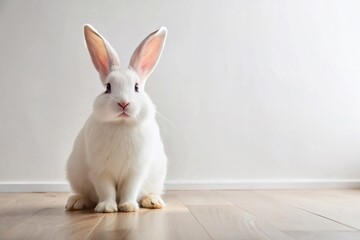 Obraz premium Panoramic Photo: White Rabbit Sitting on Floor, Minimalist Wall Background