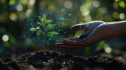 A hand holding a small tree sapling in fertile soil, with a transparent digital  hovering above, symbolizing environmental investment, carbon credit concept.