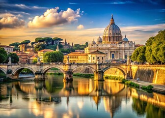 Panoramic Rome: Ponte Sant'Angelo, Tiber River, St. Peter's Basilica