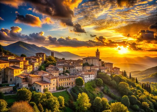 Panoramic Silhouette of Toffia, Rieti, Italy at Sunset