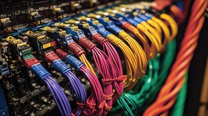 Close up of colorful network cables plugged into a patch panel in a server room, highlighting the complexity and organization of modern data infrastructure