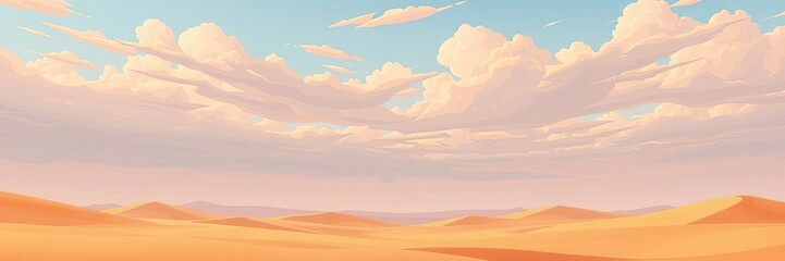 Anime cartoon style desert landscape with rolling sand dunes and a clear blue sky, perfect for a banner or background, AI, desert, sky