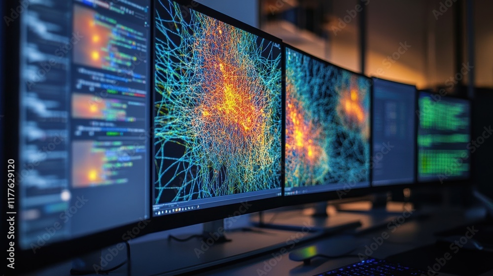 Poster four computer screens displaying network connections, data analysis, and lines of code, illuminating