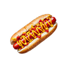 Classic Hot Dog with Mustard and Ketchup: A close-up shot of a classic hot dog, perfectly dressed with mustard and ketchup, showcasing the quintessential American comfort food.