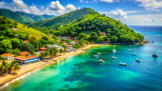 Panoramic Tilt-Shift View of Taboga Island, Panama: Idyllic Beach, Lush Greenery, Calm Ocean