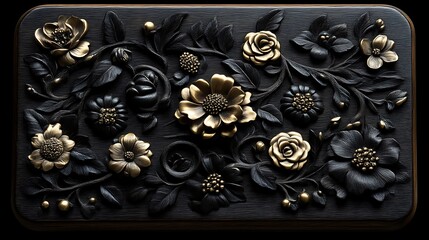 Obraz premium Intricate Black And Gold Floral Carving On Wooden Box