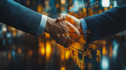 Strategic Partnership: A powerful handshake seals a lucrative deal, symbolizing collaboration and mutual success in the dynamic world of business. The image is overlaid with a data visualization.