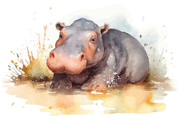 Watercolor background with hippopotamus. Animal illustration. Baby shower element.