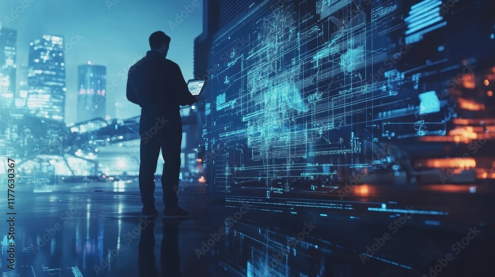 Poster engineer uses a holographic interface with augmented reality software to control a futuristic automa