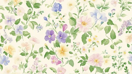 Watercolor seamless pattern with morning glories, violets, lilies, daisies, cosmos, ivy, irises, tulips, peonies, roses