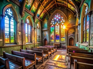 Naklejka premium Panoramic View of Abandoned Church Interior with Colorful Stained Glass and Decaying Wooden Pews