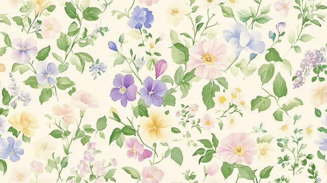 Fototapeta Watercolor seamless pattern with morning glories, violets, lilies, daisies, cosmos, ivy, irises, tulips, peonies, roses