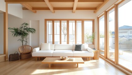 Modern Minimalist Living Room with White Sofa Wooden Coffee Table and Large Windows