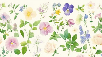 Fototapeta premium Watercolor seamless pattern with morning glories, violets, lilies, daisies, cosmos, ivy, irises, tulips, peonies, roses