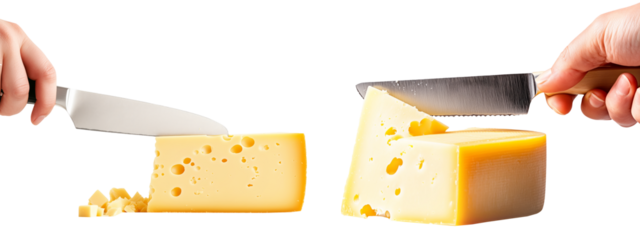 Set of Hand holds a knife cutting into a block of Swiss cheese isolated on white transparent background. Minimalistic style dairy products, food preparation