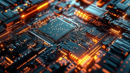 Obraz premium Close up view of a cpu processing data on a motherboard, illuminated by orange lights, highlighting the complex circuitry and technological components