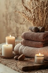 Cozy spa setting with towels, stones, and candles for relaxation