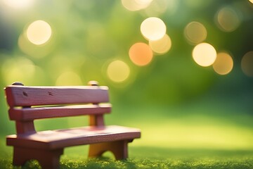 A toy park bench on green surface with a nice blurry bokeh effect.