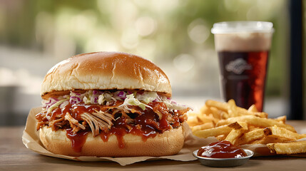 Classic Pulled Pork Sandwich with Fries and Drink Styled Composition