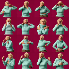 Elderly woman in mint sweater expressing signs of illness, such as coughing, nasal congestion, headache, heart pain against burgundy background. Concept of health care, treatment, disease. Collage