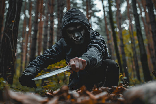 Dark and Sinister Depiction of a Hooded Figure Wielding a Knife in an Ominous Setting Generative AI