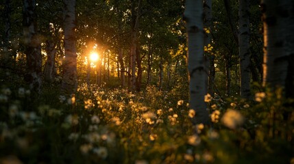 Golden sunset illuminating birch forest floor with wildflowers.