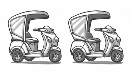 Two monochrome illustrations of three-wheeled scooters with canopies ideal for delivery or urban transport app icons.