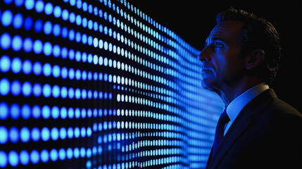 The Data Analyst: A pensive businessman stands before a wall of blue glowing dots, contemplating the vast possibilities of data analytics.