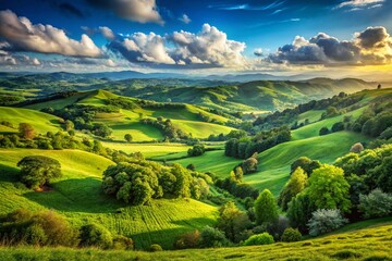 Obraz premium Panoramic View of Lush Green Field, Rolling Hills, and Vibrant Nature