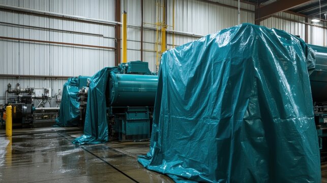 Large industrial machines stand covered with protective tarps in a factory setting, awaiting use or maintenance, showcasing a focus on preservation and safety